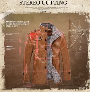 Detail of stereo cutting on men's leather jacket with warm fleece lining and turn-down collar