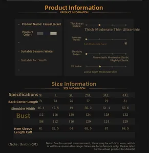 Detailed size chart for men fleece hooded jacket with measurements from M to 4XL