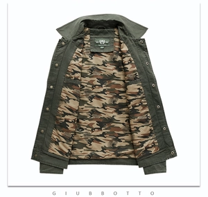 Detail of army green military cotton jacket featuring camo lining and metallic buttons