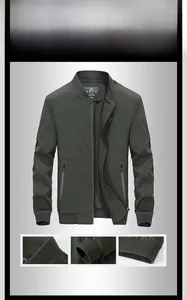 Detail view of army green men's jacket showing ribbed collar, cuffs, and hem accents