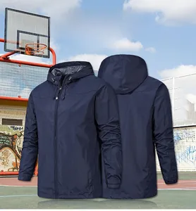 Front and back view of men's waterproof windbreaker with adjustable cuffs in navy blue