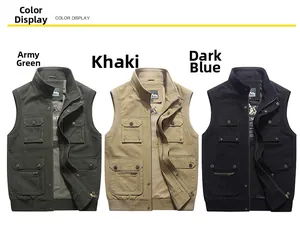 Présentation en trois couleurs de gilets de pêche multi-poches en vert armée, kaki et bleu
