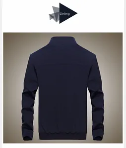 Rear view of navy blue men's bomber jacket showing stand collar and ribbed hem details