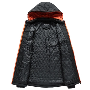 Men's hooded windbreaker jacket in black and orange with quilted interior lining