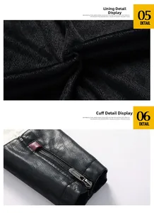 Detail view of black faux leather motorcycle jacket featuring warm plush lining and zipper cuffs