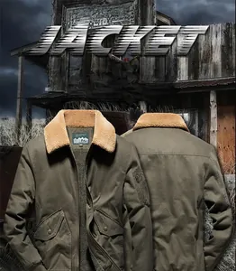 Military style jacket with warm lamb wool collar and large cargo pockets on the front
