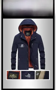 Detail of men's navy hooded windbreaker showing thick brown fleece lining and zip closure