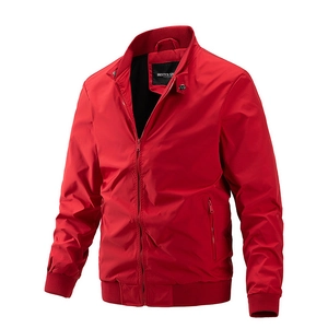 Men's casual red bomber jacket with standing collar and zip-up front closure