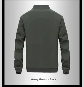 Rear view of a military green men's outdoor casual jacket with ribbed collar and cuffs