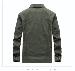 Back view of men's military green cotton jacket showing collar and seam details
