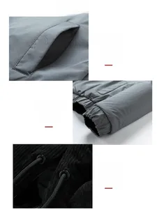 Détail de la veste décontractée pour hommes montrant le tissu gris, poches et poignets