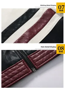 Detail view of stitched seams and metal zipper on men's multi-color PU leather jacket