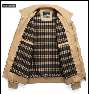Vue détaillée de la veste kaki pour homme avec doublure à carreaux et poche intérieure
