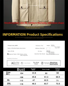 Size chart and detailed material specifications for the men cotton hooded utility jacket