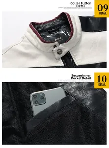 Detail of faux leather jacket featuring snap-button collar and plush lined inner pocket