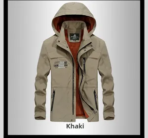 Detail of khaki men's hooded jacket with warm brown fleece lining and wild tradition print