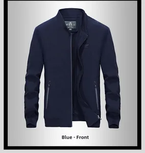 Detailed front view of navy blue outdoor sports jacket with stand collar and zipper pockets