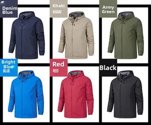 Outdoor hooded jacket color guide showing navy blue, khaki, army green, royal blue, red, and black