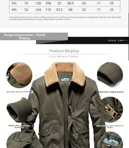 Size chart for olive green winter bomber jacket with sherpa collar and measurements