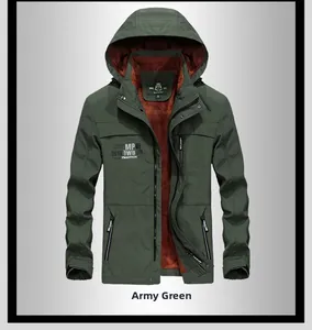 Detail of army green men's hooded jacket with warm fleece lining and chest print