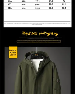 Size chart and detail view of army green hooded cotton jacket with sleeve utility pocket