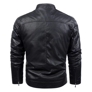 Men's black faux leather biker jacket featuring a quilted back design and stand collar view