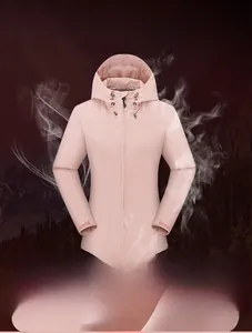 Pink women's waterproof jacket showing breathable fabric technology with mist effect