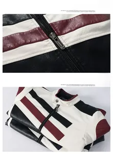 Detail showing the metal zipper texture and stand collar of the tricolor biker jacket