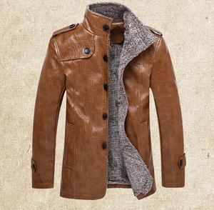 Detail of men's brown crocodile embossed leather jacket with warm grey fleece lining
