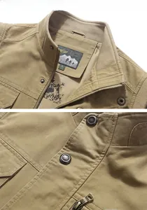 Détail du gilet outdoor kaki montrant le col montant, le bouton en métal et l'étiquette L