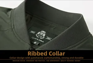 Detailed view of the army green outdoor jacket's ribbed neckline and stitched inner label
