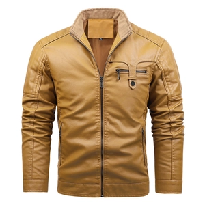Men's mustard yellow PU leather jacket with stand collar and quilted shoulder details