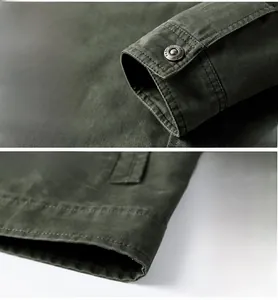 Detailed view of military green cotton jacket cuffs and hem with metal snap buttons