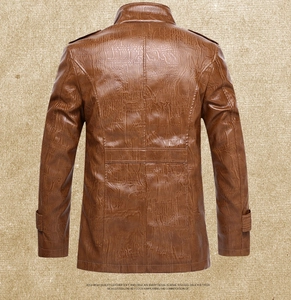 Back view of brown faux crocodile leather jacket with shoulder straps and lapel details