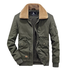 Men's winter military flight jacket in dark olive green with warm faux fur collar