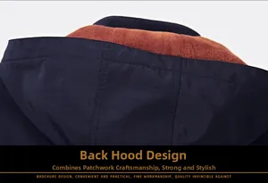 Detail of hooded jacket with deep blue outer fabric and warm reddish fleece lining
