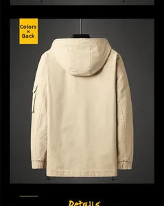 Detailed back view of khaki hooded utility jacket with functional arm pocket and drawstrings