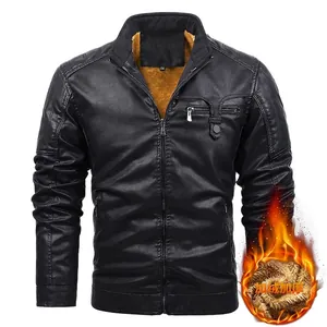 Men's black PU leather motorcycle jacket with warm fleece lining and stand collar detail