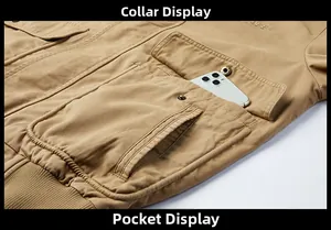 Détails des poches de veste cargo kaki avec cordons élastiques et boutons-pression en métal