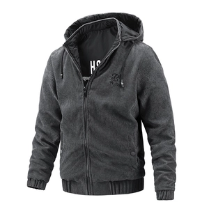 Veste à capuche en velours côtelé gris foncé pour hommes avec fermeture éclair