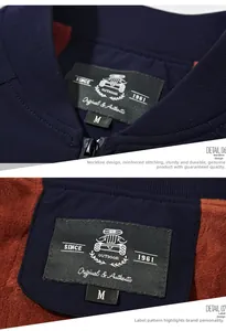 Macro shot of a navy blue jacket with ribbed stand-up collar and soft brown fleece lining