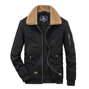 Men's heavy fleece-lined bomber jacket with brown faux fur collar and ribbed hem
