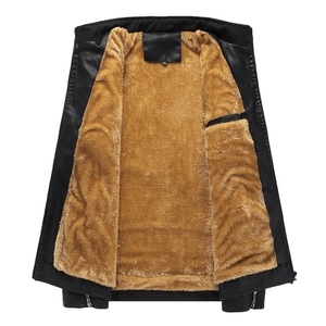 Men's black PU leather jacket with warm brown faux fur lining and full zipper closure