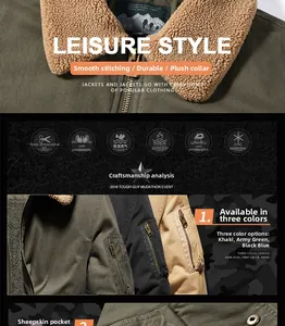 Detail of cargo jacket with plush collar, windproof cotton fabric and sleeve pockets