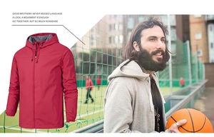 Detail of red windbreaker with adjustable drawstring hood and elastic cuffs for outdoor sport