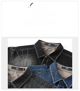 Detail of high-density denim shirts with vintage floral inner collar and metal snap buttons