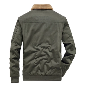 Men's olive cargo bomber jacket with warm fleece collar and ribbed cuffs in flat lay view
