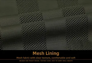 Detail of army green breathable mesh lining fabric on men's outdoor casual jacket