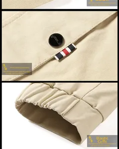 Detail of beige jacket showing FASHION button, striped ribbon pocket, and elastic cuff