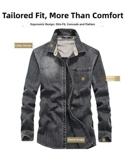 Detail of grey denim shirt showing standard collar with light floral print inner lining